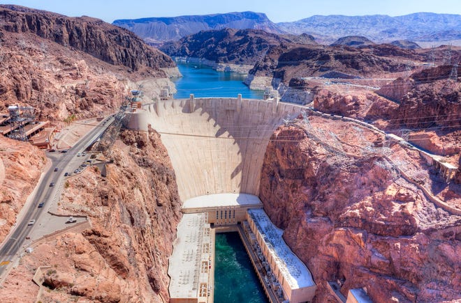 The Hoover Dam impedes the Colorado River in Nevada.