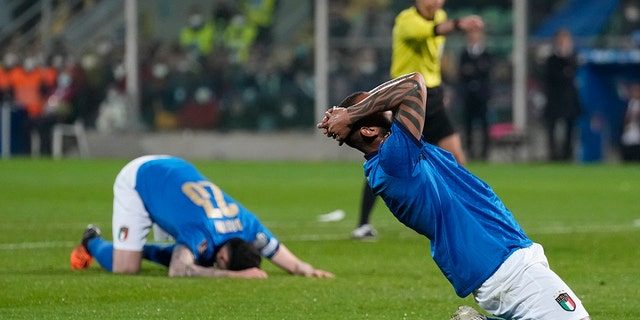 Italy's Joao Pedro reacts after missing a scoring chance in the World Cup qualifying play-offsoccer match between Italy and North Macedonia, at Renzo Barbera stadium, in Palermo, Italy, Thursday, March 24, 2022. North Macedonia won 1-0.