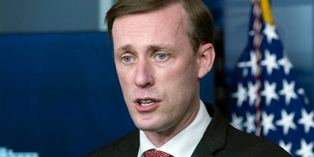 National security adviser Jake Sullivan speaks with reporters at the White House on March 12, 2021.