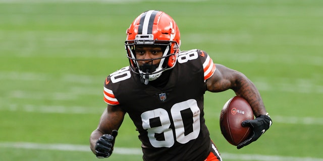 FILE - In this Nov. 1, 2020, file photo, Cleveland Browns wide receiver Jarvis Landry plays against the Las Vegas Raiders during the second half of an NFL football game, in Cleveland.