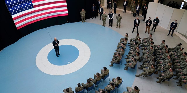 President Biden speaks to members of the 82nd Airborne Division at the G2A Arena, Friday, March 25, 2022, in Jasionka, Poland. 