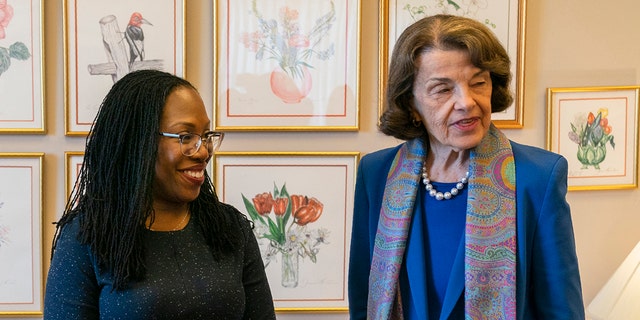 Sen. Dianne Feinstein, D-Calif., greets Supreme Court nominee Judge Ketanji Brown Jackson in her hideaway office at the Capitol, Wednesday, March 16, 2022, in Washington. (AP Photo/Manuel Balce Ceneta)