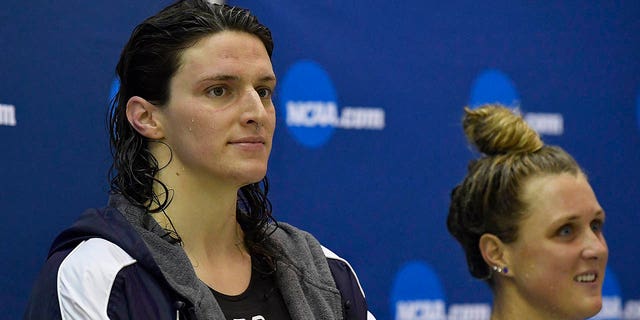 Lia Thomas looks on from the podium after finishing fifth in the 200 Yard Freestyle during the 2022 NCAA Division I Women's Swimming &amp;amp; Diving Championship at the McAuley Aquatic Center on the campus of the Georgia Institute of Technology on March 18, 2022 in Atlanta, Georgia.