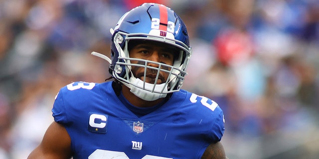 Logan Ryan #23 of the New York Giants in action against the Carolina Panthers at MetLife Stadium on October 24, 2021 in East Rutherford, New Jersey. New York Giants defeated the Carolina Panthers 25-3.