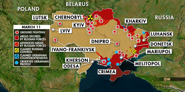 Map shows Russia's invasion of Ukraine as of March 11, 2022. 