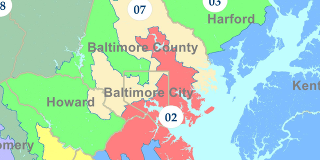 An image of the three Baltimore City congressional districts in the Maryland Legislative Redistricting Advisory Commission's final 2021 proposed map, which was adopted by the Maryland legislature. (Maryland Legislative Redistricting Advisory Committee)