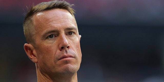 Matt Ryan of the Falcons looks on during the Tennessee Titans game at Mercedes-Benz Stadium on Aug. 13, 2021, in Atlanta, Georgia. 