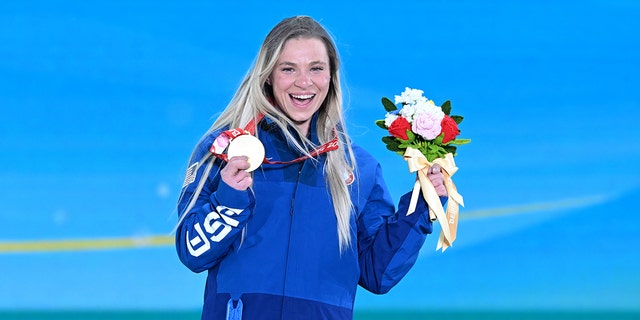 Gold medalist Oksana Masters of Team United States poses during the Para Biathlon Women's Sprint Sitting medal ceremony on day two of the Beijing 2022 Winter Paralympics at Zhangjiakou Medals Plaza on March 6, 2022, in Zhangjiakou, Hebei Province of China.