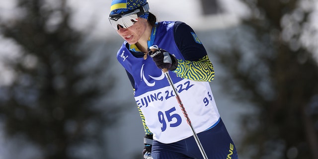 Oksana Shyshkova of Team Ukraine competes in the Para Cross-Country Skiing Women's Long Distance Classical Technique Vision Impaired at Zhangjiakou National Biathlon Centre during day three of the Beijing 2022 Winter Paralympics on March 07, 2022, in Zhangjiakou, China.