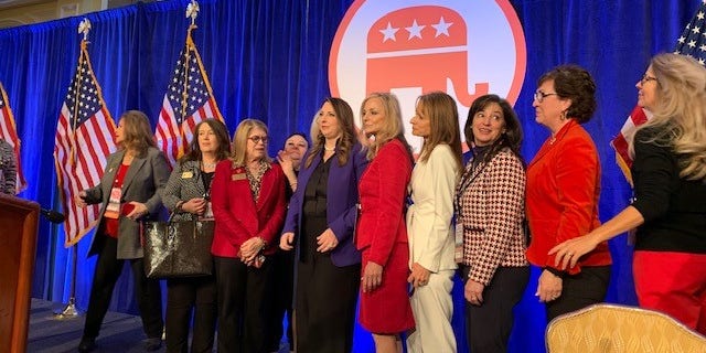 Republican National Committee chair Ronna McDaniel (center), at the conclusion of the RNC's winter meeting, in Salt Lake City, Utah on Feb. 4, 2022.