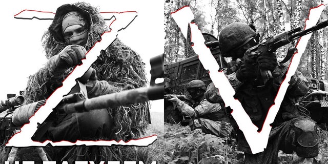 Russian soldiers sporting "V" and "Z" symbols. 
