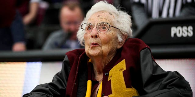 Sister Jean Dolores Schmidt turns 100 Aug. 21, 2019. Sister Jean is surprised after she's given an NCAA Final Four ring before the Loyola Ramblers play the Nevada Wolf Pack in 2018 at Gentile Arena in Chicago, Ill.