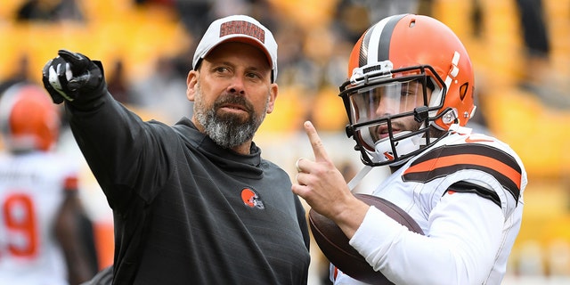 Offensive coordinator Todd Haley (L) and quarterback Baker Mayfield #6 of the Cleveland Browns on the field prior to a game against the Pittsburgh Steelers on October 28, 2018 at Heinz Field in Pittsburgh, Pennsylvania.