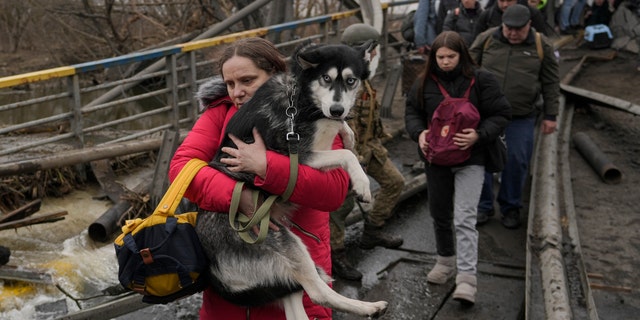 A woman holds a dog while crossing the Irpin River on an improvised path under a bridge as people flee the town of Irpin, Ukraine, Saturday, March 5, 2022. 