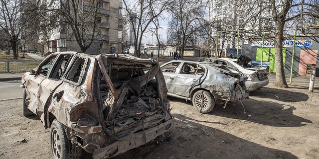 A view of damaged cars near an apartment building hit by Russian attack in Kyiv, Ukraine on March 14, 2022.
