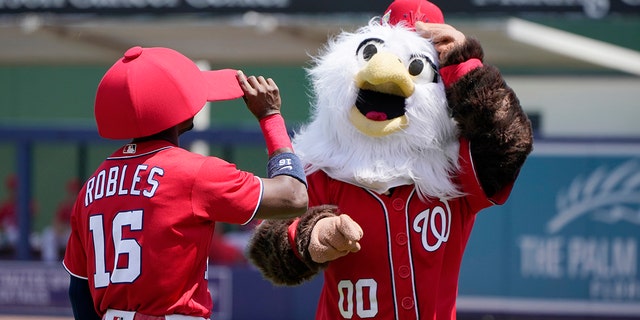 Washington Nationals' Victor Robles (16) trades ball caps with Screech the Nationals' mascot before a spring training baseball game against the St. Louis Cardinals, Wednesday, March 30, 2022, in West Palm Beach, Fla.