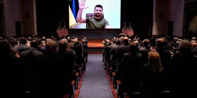 Ukrainian President Volodymyr Zelenskyy delivers a virtual address to the U.S Congress at the Capitol, in Washington, U.S., March 16, 2022. 