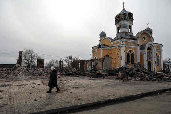 A church building with broken onion-shaped domes.