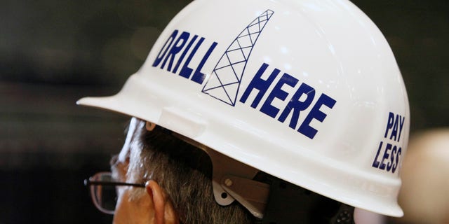 A delegate from Alaska wears a hard hat in support of drilling for oil at the second session at the 2008 RNC in St. Paul. REUTERS/Rick Wilking