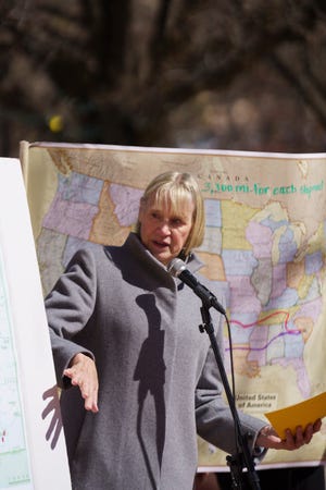 Cynthia Weehler, co-chair of the activist group 285 All, speaks during a news conference at a March 1 rally at the New Mexico State Capitol against the expansion of nuclear-weapons manufacturing at Los Alamos National Laboratory.