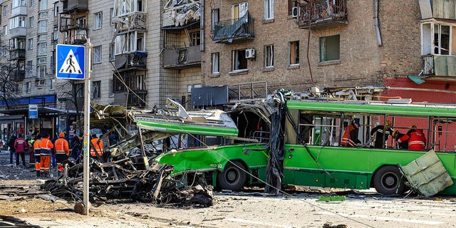 Trolleybus damaged by Russian army rocket fire in Kyiv.