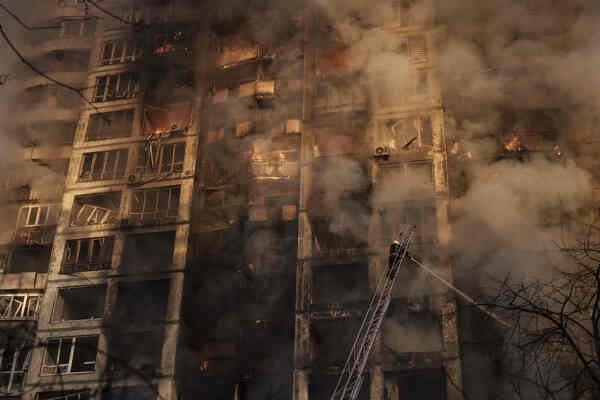 A burning apartment building.