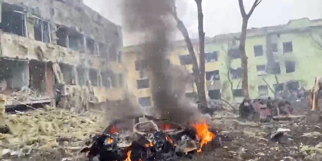 Image grab from footage released by Ukraine Armed Forces on Thursday March 9, 2022 allegedly shows aftermath of Russia army bombardment on a children hospital in Mariupol, southeastern Ukraine, causing enormous destructions. The Ukraine Armed Forces does not indicate casualties of the strikes. Ukraine President Volodymyr Zelensky confirms the strike of the maternity hospital in Mariupol, saying in his online post