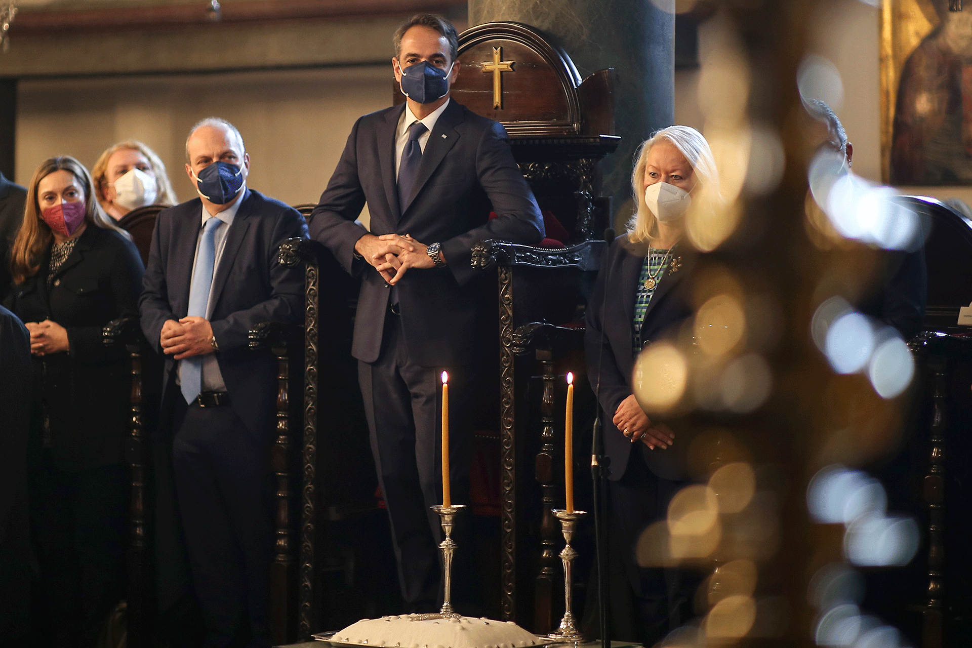Greek Prime Minister Kyriakos Mitsotakis, center, attends a ceremony for Orthodox Christians at the Ecumenical Patriarchate of Constantinople, in Istanbul, Turkey, Sunday, March 13, 2022. 