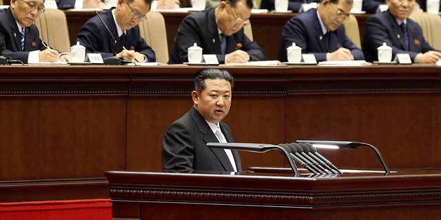 FILE - In this photo provided by the North Korean government, North Korean leader Kim Jong Un, bottom, attends at a meeting of the Workers' Party of Korea in Pyongyang, North Korea on Feb. 28, 2022. 