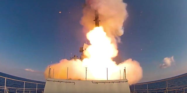 In this image provided by Russian Defense Ministry Press Service and released on Friday, June 23, 2017, long-range Kalibr cruise missiles are launched by a Russian Navy ship in the eastern Mediterranean. The Russian invasion of Ukraine is the largest conflict that Europe has seen since World War II, with Russia conducting a multi-pronged offensive across the country. The Russian military has pummeled wide areas in Ukraine with air strikes and has conducted massive rocket and artillery bombardment resulting in massive casualties. (Russian Defense Ministry Press Service via AP, File)