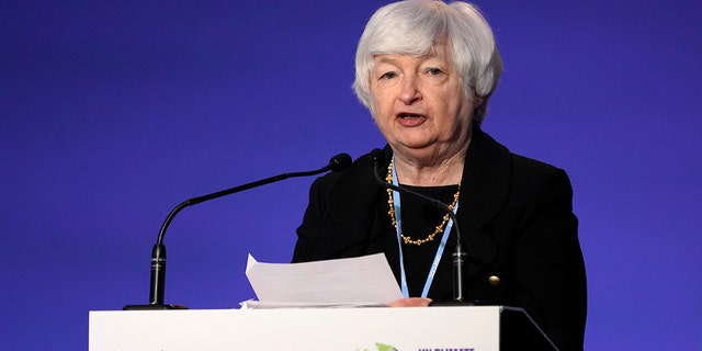 Treasure Secretary Janet Yellen speaks at the U.N. Climate Summit in Glasgow, Scotland, on Nov. 3, 2021.