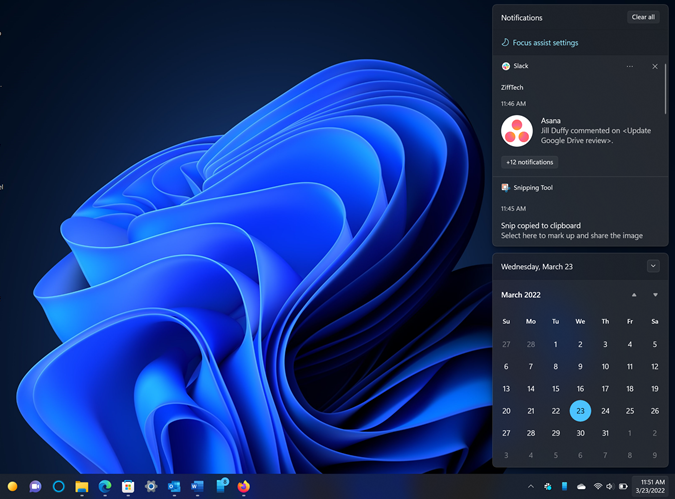 Notification panel in Windows 11