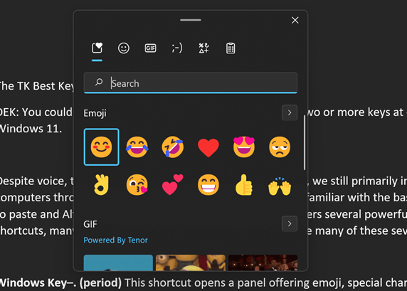 Windows 11 emoji, symbol, special character panel