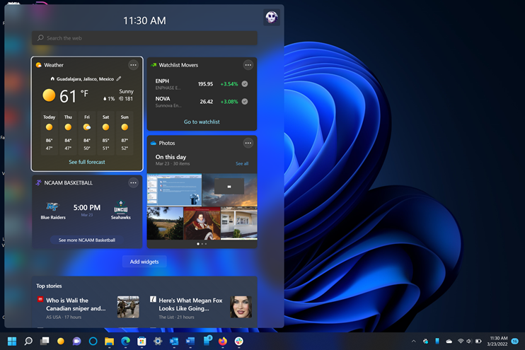 Widgets panel in Windows 11