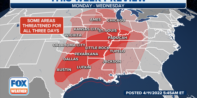 The severe weather threat for the beginning of this week.