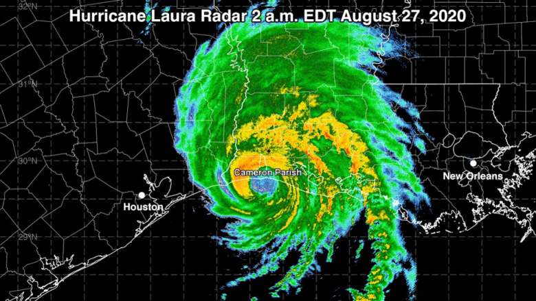 Radar image of Hurricane Laura when it made landfall in Cameron Parish, Louisiana.