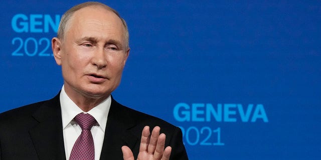 Russian President Vladimir Putin speaks during a news conference in Geneva, Switzerland, on June 16, 2021. 