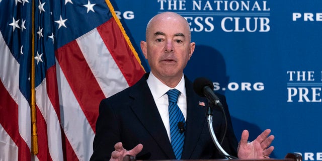 Secretary of Homeland Security Alejandro Mayorkas speaks during a news conference at The National Press Club in Washington