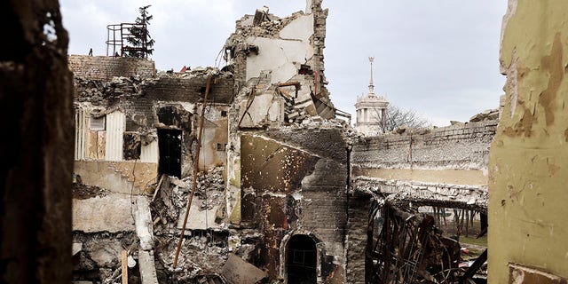 A view of the Mariupol theater damaged during fighting in Mariupol, in territory under the government of the Donetsk People's Republic, eastern Ukraine, Monday, April 4, 2022. 