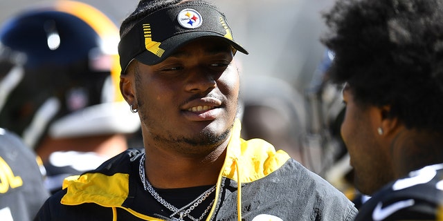 Dwayne Haskins #3 of the Pittsburgh Steelers looks on during the game against the Cincinnati Bengals at Heinz Field on September 26, 2021 in Pittsburgh, Pennsylvania.