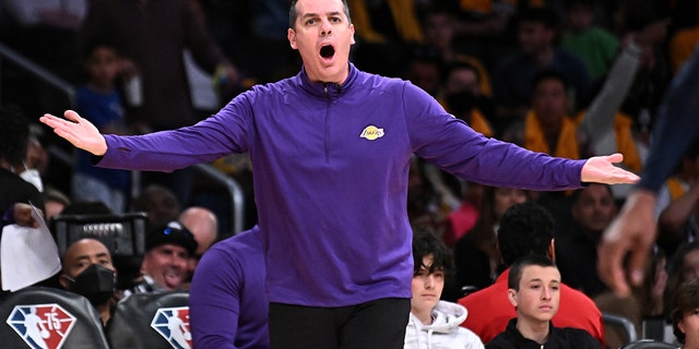 Los Angeles, California April 3, 2022- Lakers head coach Frank Vogel argues with a referee during a game with the Nuggets at Crypto.com Arena Sunday.