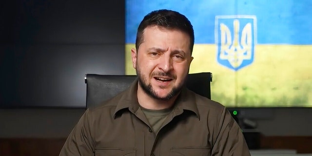 In this image from video provided by the Ukrainian Presidential Press Office, Ukrainian President Volodymyr Zelenskyy speaks from Kyiv, Ukraine, Friday, April 8, 2022.