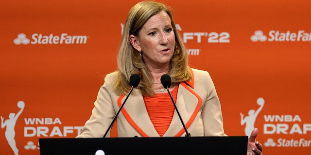 WNBA Commissioner Cathy Engelbert speaks before the WNBA basketball draft, Monday, April 11, 2022, in New York.