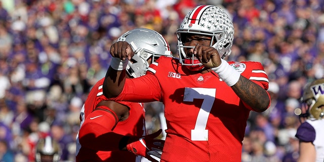 Dwayne Haskins #7 of the Ohio State Buckeyes celebrates after a 12-yard touchdown during the first half in the Rose Bowl Game presented by Northwestern Mutual at the Rose Bowl on January 1, 2019 in Pasadena, California. 