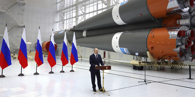 Russian President Vladimir Putin delivers a speech at a rocket assembly factory during his visit to the Vostochny cosmodrome outside the city of Tsiolkovsky on Tuesday. 