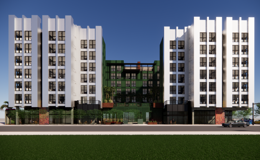 A rendering shows the exterior of a seven-story, 175-unit apartment building proposed on Adams Avenue in Normal Heights.