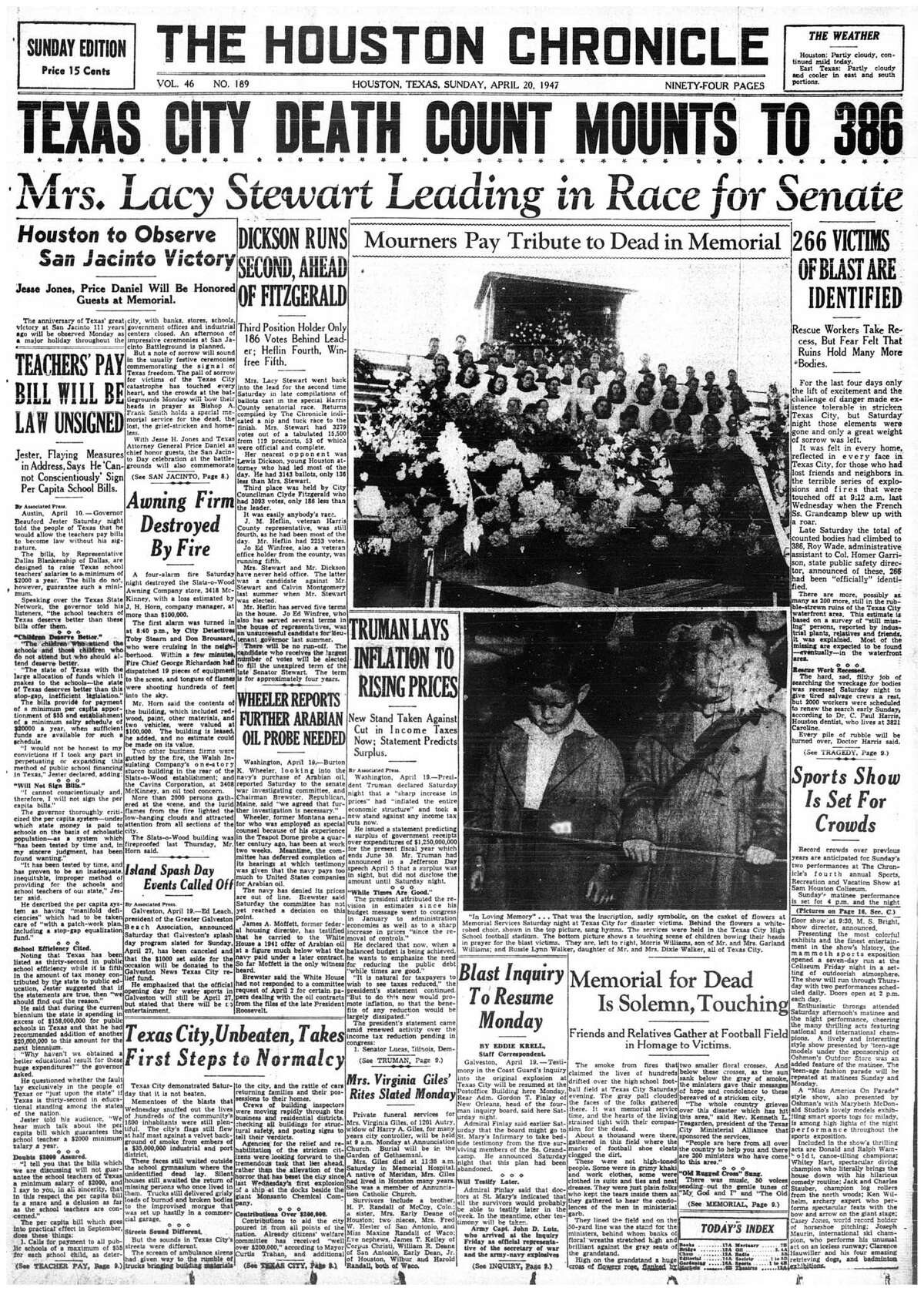 Houston Chronicle front page - April 20, 1947 - section 1, page 1
