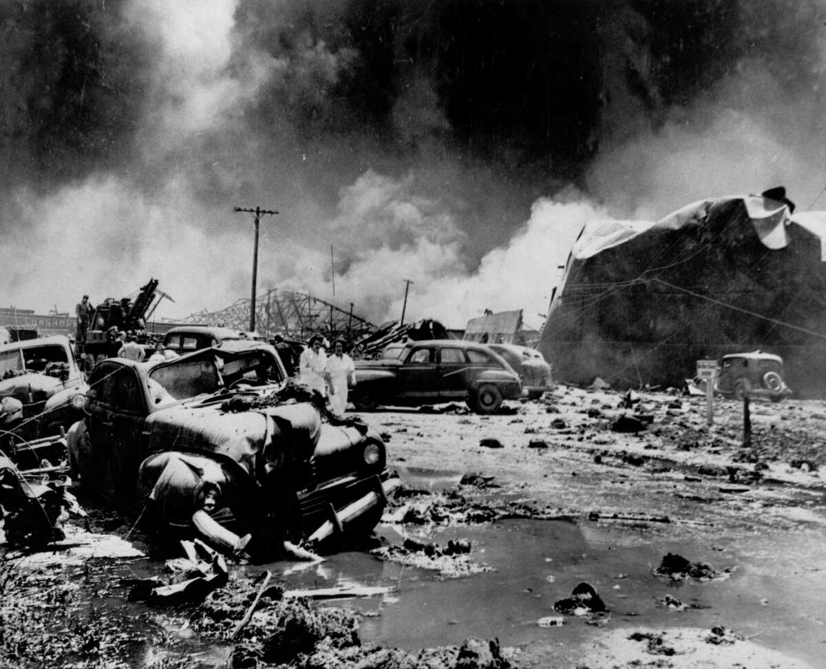 1947 - Texas City Disaster - The force of the SS Grandcamp explosion, coupled with flying debris produced by the blast, left this scene of destruction. A surge of water - a tidal wave - pushed from the harbor added to the damage. Jerry Maze / Houston Post 