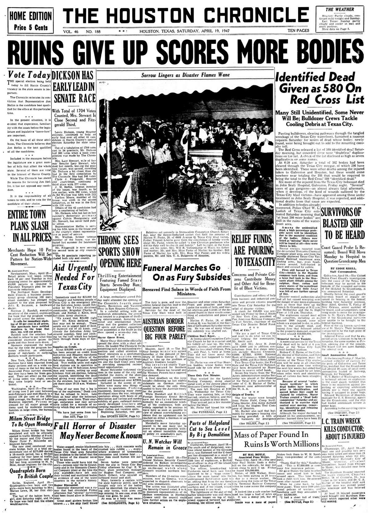 Houston Chronicle front page - April 19, 1947 - section 1, page 1. 