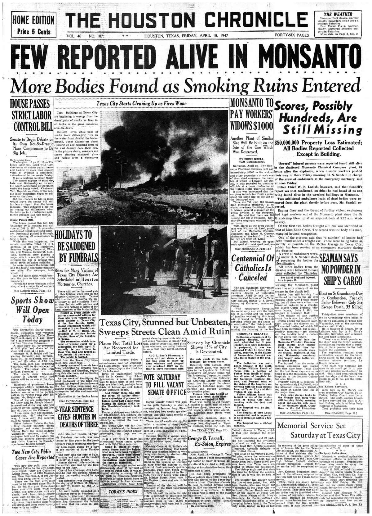 Houston Chronicle front page - April 18, 1947 - section 1, page 1